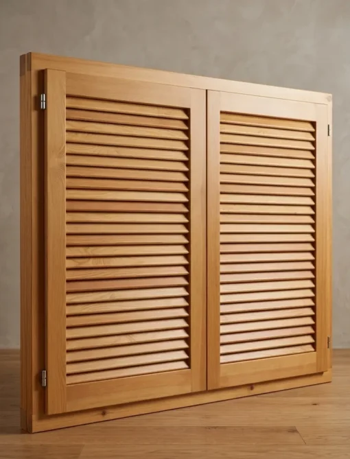 Ventana mallorquina de doble hoja en madera de pino maciza con acabado natural y lamas movibles/orientables para control solar y de ventilación